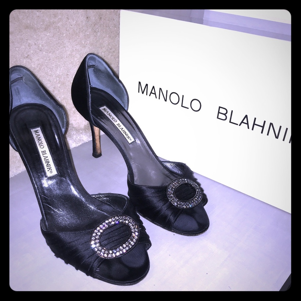 Manolo Blahnik Classic satin d’Orsay rhinestone
